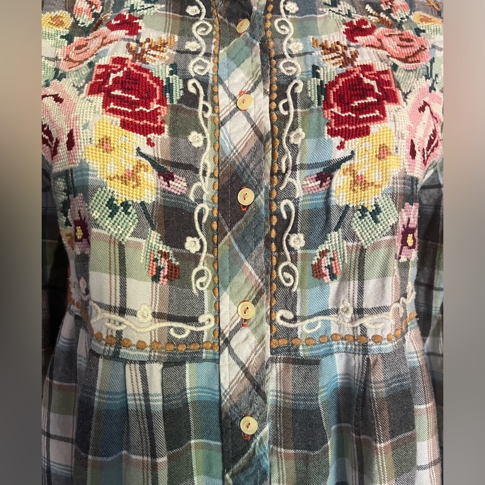 Johnny Was Workshop BOHO Embroidered Plaid Top - Picture 3 of 16